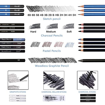 H & B 40 Piece Professional Sketch Pencil Drawing Kit,Complete Artist Kit, Including Graphite Pencils, Pastels, Sharpener and Eraser - size: 40 Piece Set