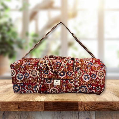 Large Capacity Handblock Printed Yoga Mat bag for Women, Gym Bag, Fits Yoga Blocks, Adjustable strap, Pilates, Gym, Fitness Block & Gear, Light and Durable - color: Ruby Bloom