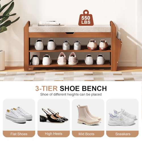 PETKABOO 31.5" Bamboo Shoe Rack Bench with Coat Rack, 3-Tier Entryway Bench with Thick Cushion, Flip-Top & Side Baskets, Holds Up to 550 LBS for Hallway, Living Room, Bedroom - color: 31.5" with Hook