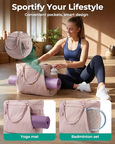 BAGSMART Yoga Pilates Tote Bag for Women with Knotted Handle, Gym Bag | 23L lightweight & waterproof shoulder sling bag, gym bag with yoga mat holder, for 15.6'' Laptop, ideal for work travel - color: Coffee Brown