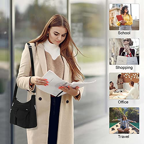 Kamo Crossbody for Women - Multi-pocket Shoulder Lightweight Messenger Casual Printed Purse Handbag Travel Bag - color: Black