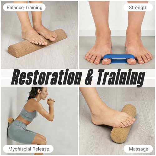 2026 NEW Balance Board Cork Half Roller Kit | Foot Balance Trainer & Ankle Strengthener for Stretch Massage Fascia Release | Cork Massage Ball Roller Resistance Bands | Portable Balance Training Set for Home Gym