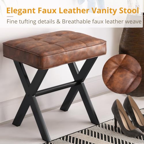 LUE BONA Vanity Stool, Square Faux Leather Makeup Stool with Metal X Legs, Small Ottoman Stool Chair for Vanity, Modern Padded Vanity Seat Foot Rest Stool for Makeup Room, Living Room, Reddish Brown - color: Reddish Brown