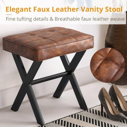 LUE BONA Vanity Stool, Square Faux Leather Makeup Stool with Metal X Legs, Small Ottoman Stool Chair for Vanity, Modern Padded Vanity Seat Foot Rest Stool for Makeup Room, Living Room, Reddish Brown - color: Reddish Brown
