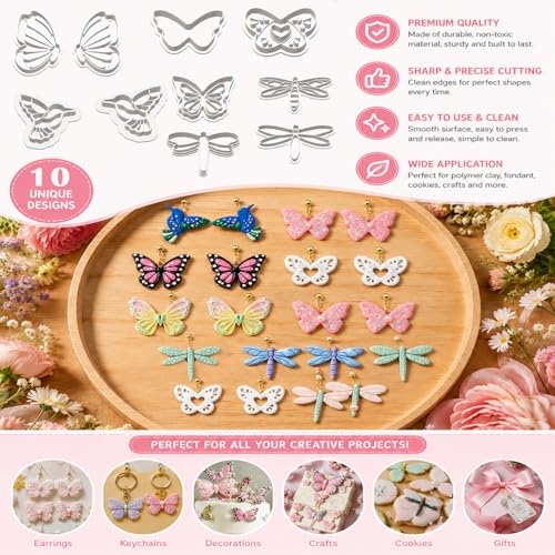 10PCS Butterfly Dragonfly Hummingbird Clay Cutters for Jewelry | Polymer Clay Cutters Set with Embossed Designs for Earrings, Pendants, Charms, Keychains and DIY Crafts - color: Butterfly & Dragonfly