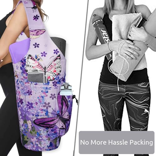 Yoga Mat Bag - Large Opening Long Tote Yoga Mat Carrier Holder Bag with Waterproof Wet Zipper Pocket and Drawstring Water Bottle Pocket - Yoga Bag Fit Most Size Mats - color: Butterfly