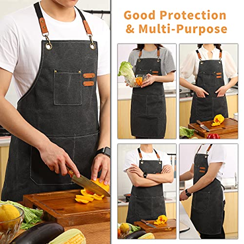 Tosewever Canvas Cross Back Chef Cotton Aprons for Men Women with Large Pockets - color: Black