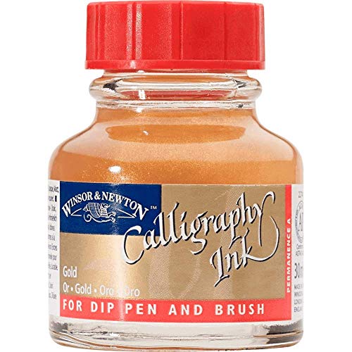 Winsor & Newton Calligraphy Ink, 30ml (1-oz) Bottle, Gold | Lightfast Colors, Satin Finish, Thin Inks Suitable for fip-pens, brushes and airbrushes; Opaque Colors for dip-pen or brush - color: Gold, size: 1 fl oz
