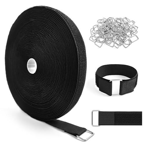 1" x64ft Hook and Loop Straps with Metal Buckles, Molle Cable Straps, Adjustable Fastening Cinch Strap, Reusable Nylon Securing Cord Ties, 1 inch Wide, Black with 70 Buckles - color: 1"x64ft, 70 Buckles