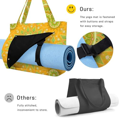 Mandala Yoga Mat Bag Large Yoga Bags and Carrier Fits All Your Stuff Yoga Tote Bags with Zipper Pocket Pilates Bag - color: Yellow