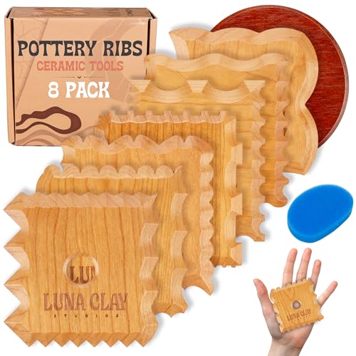 Kiln-Dried Cherry Wood Pottery Ribs & Pottery Tools For Wheel Throwing | 8 Pack - Professional Non-Warping Ceramic Set for Trimming, Sculpting, Shaping - Clay Tools & Modeling Kit with Bonus Sponge - color: Crescent (8pc)