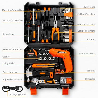 140 Piece Basic Tool Set, Portable Tool Box with Cordless Drill, Home Repair Hand Tool Kit, General Household Drill Set, Toolbox with Storage Case for Homeowner, DIY, Handyman, Women, Men