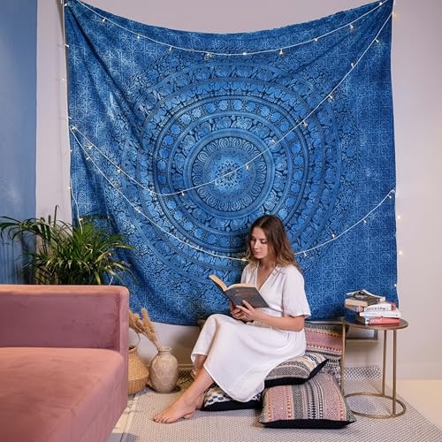 Craft Trade Indian Cotton Mandala Wall Hanging Tapestry for Aesthetic Boho Hippie Living Room, Meditation & Bedroom Décor - Blue - 54x84 Inches - color: Blue, size: 54"L x 84"W