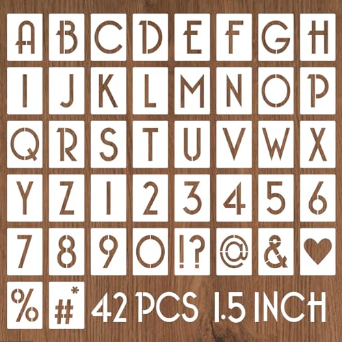 YEAJON 1.5 Inch Letter Stencils and Numbers, 42 Pcs Alphabet Drawing Stencils, Reusable Plastic Craft Templates for Painting on Wood, Wall, Fabric, Rock, Signage - size: 1.5 Inch