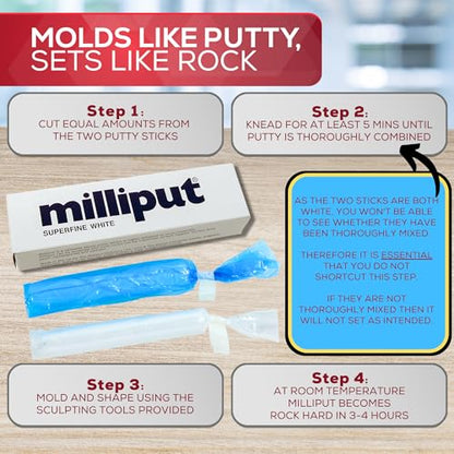 Milliput Superfine White Epoxy Putty 10 Pc Kit - Ceramic & Porcelain Repair | Fixes sinks, tubs, tiles and stone. Includes 6 double ended sculpting tools, sanding sponge, 2 pairs gloves and tips card