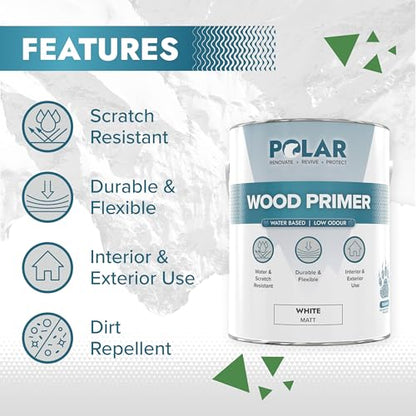 Polar Wood Primer - 84 Fl Oz - Matte White Finish - Water-Based Primer Paint for Interior & Exterior Wood Surfaces & Painted Surfaces - Strong Weather-Resistant Adhesion - Roller & Brush-On - size: 85 Fl Oz