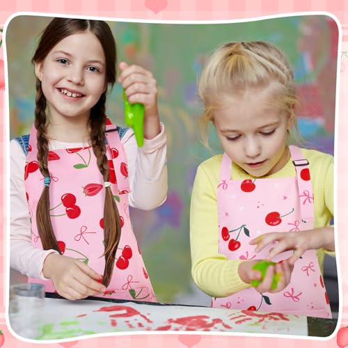 2 Pack Kids Apron, Cute Cooking Aprons, Waterproof Art Apron with Pockets, Toddler Painting Artist Apron Adjustable - color: Cherry, size: 45*62cm