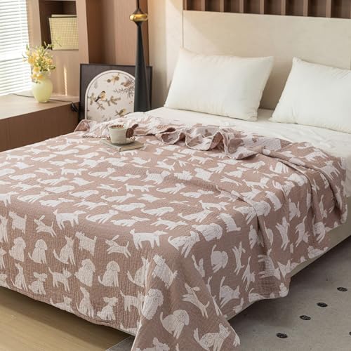 MEJU Dogs Puppy Brown Kids Muslin Lightweight Blanket for Bed Sofa Couch 100% Combed Cotton 3 Layer Soft Warm Reversible Throw Blanket Bedspread Bed Coverlet (Animals, F/Q 80 in x 90 in) - color: Animals, size: F/Q 80 in x 90 in