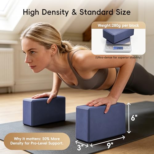 High Density EVA Yoga Blocks 2 Pack, 280g Pro-Level Exercise Brick (46-50 Shore C Firmness), Odor-Free & Non-Slip Foam Props for Yoga, Pilates & Stretching - color: dark blue