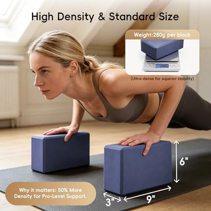 High Density EVA Yoga Blocks 2 Pack, 280g Pro-Level Exercise Brick (46-50 Shore C Firmness), Odor-Free & Non-Slip Foam Props for Yoga, Pilates & Stretching - color: dark blue