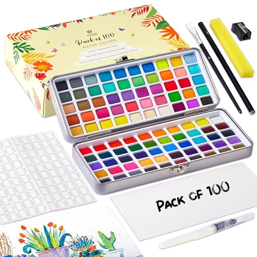 Professional Watercolor Paint Set - 100 Colors Travel Art Kit | Includes 6 detail brushes, water brush pen, nylon brush, sponge, swatch sheet, and supplies for adults, artists & students - style: Set of 100 colors