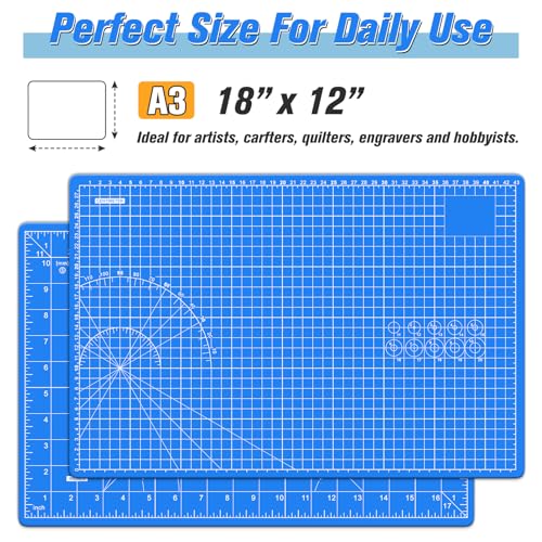 DIYSELF 12in×18in Cutting Mat, A3 Self Healing Craft Mat for Sewing | A3 Cutting Mat for Fabric, Quilting and Paper Projects, 5-Ply Double-Sided Craft Cutting Board with Grid and Angle Lines - color: Blue, size: 18"L x 12"W