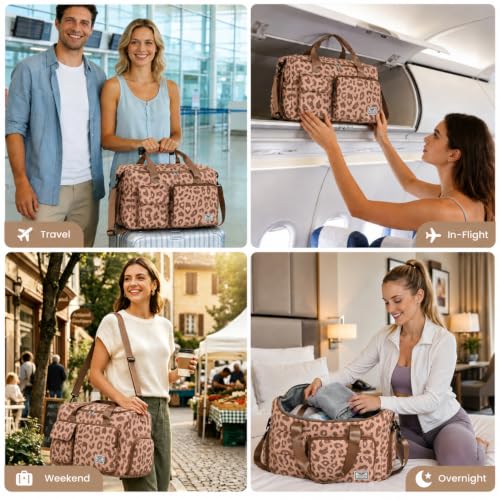 FIORETTO Women's Gym Duffle Bag with Shoes Compartment, 30L Capacity, Ideal for Travel, Gym, Sports, Duffel, Weekender - color: Leopard Brown, style: Gym Bag