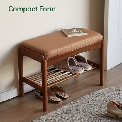 Solid Wood Shoe Bench, 24 Inch Entryway Bench with Brown Leather Cushion - color: Walnut + Brown Leather Cushion, size: 23.62"