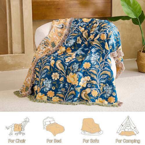VANJOROY Boho Throw Blanket, 100% Organic Cotton Breathable Ultra Soft 50" x 60" Bed Quilt Blue Throw - All Season Bird Floral Rustic Farmhouse Decor Reversible Blanket for Couch Chair and Gift - color: I-boho-floral, size: Throw (50" X 60")