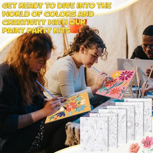 Sherr 96 Pcs 12 Sets Pre Drawn Canvas Kit for Painting Craft Sip and Paint Kit for Adults Pre Printed Canvas Painting Favor for DIY Birthday Gifts Adult's Date Party, 8 x 10 Inches(Flower) - style: Flower