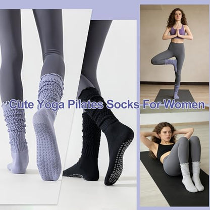 Pilates Grip Socks for Women, Non Slip Scrunch Yoga Socks for Home, Workout - color: 3pairs-black+lightgrey+purple