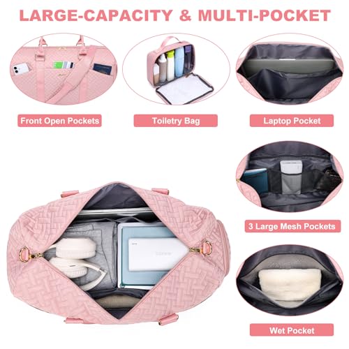 Women Weekender Travel Duffle Bag: Travel Duffel Overnight Bags with Shoe Compartment Large Carry on Tote with Toiletry Bag Weekend Traveling Yoga Gym Hospital Bag for Women with Wet Pocket Pink - color: 23-Pink T Quilted, size: Large