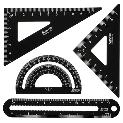 HARFINGTON 4pcs Triangular Ruler Set 15cm/6" Aluminum Alloy Straight Geometric Protractor Triangle Engineering Scale Drafting Ruler Kit Measuring Drawing Tool for Classroom Office Home, Black - color: Black
