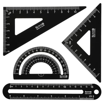HARFINGTON 4pcs Triangular Ruler Set 15cm/6" Aluminum Alloy Straight Geometric Protractor Triangle Engineering Scale Drafting Ruler Kit Measuring Drawing Tool for Classroom Office Home, Black - color: Black