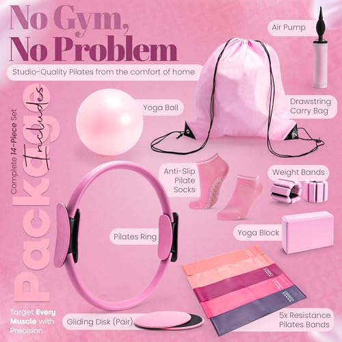 14-Piece Pink Pilates Kit for Women - Ring, Ball, Bands & Blocks | Magic circle, 9.8" ball, 5 bands, sliders, yoga blocks, ankle weights, grip socks, pump, carry bag — pilates home kit