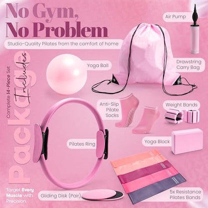 14-Piece Pink Pilates Kit for Women - Ring, Ball, Bands & Blocks | Magic circle, 9.8" ball, 5 bands, sliders, yoga blocks, ankle weights, grip socks, pump, carry bag — pilates home kit