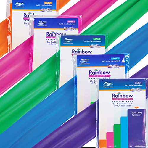 Pack of 5 Latex-Free Norco Rainbow Resistance Bands Set. Multi-Pack Includes Levels 1-5 (Light - Super Heavy). No Powder, No Odor. 5 Ft. Single Lengths Physical Therapy, Gym, Home Exercise Routine.