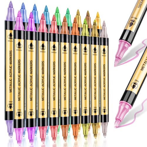 Metallic Marker Pens, 18 Colors Dual Tip Metallic Acrylic Paint Markers for for Black Paper, Rock, Fabric, Glass, Wood, Acrylic Paint Pens Markers Set for Coloring Books for Adults - color: 18 Colors