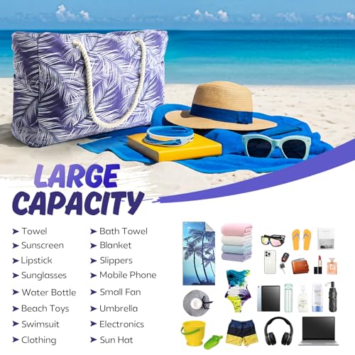 SRISE Large Beach Bag for Women & Men, Beach Bags Waterproof Sandproof, Travel Tote Bag, Swim Pool Bag for Family Outdoor - color: Palm Leaf