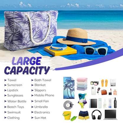 SRISE Large Beach Bag for Women & Men, Beach Bags Waterproof Sandproof, Travel Tote Bag, Swim Pool Bag for Family Outdoor - color: Palm Leaf