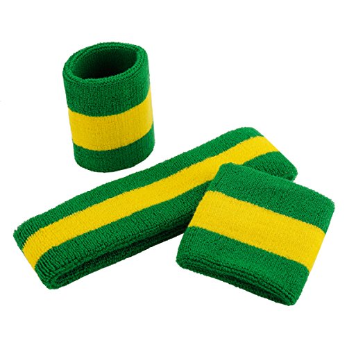 ONUPGO Sweatband Set Sports Headband Wristband Set Sweatbands Terry Cloth Wristband Wrist Sweatband Headbands Moisture Wicking Sweat Absorbing Head Band - color: Green/Yellow/Green