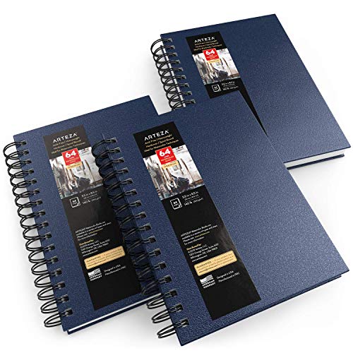ARTEZA Watercolor Sketchbook Set,3-Pack,64 Pages per Book,5.5 x 8.5 Inches,Blue Hardcover Spiral Notebooks,140-Pound Premium Watercolor Paper for Artists - color: Blue, size: 5.5x8.5 inch - 3 pack