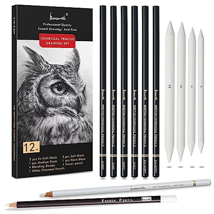 Brusarth Charcoal Drawing Set, 12 pcs Black charcoal pencils | White Charcoal Pencils, Eraser Pencils, Blending Stumps for Drawing, Sketching, Shading, Artist Pencils for Beginners - color: Black