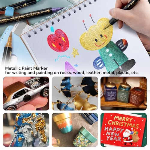 TRANSON 12Colors Metallic Paint Markers Brush and Fine Dual-tip for Rock Wood Ceramic Canvas DIY Painting Drawing - color: 12 Metallic Colors