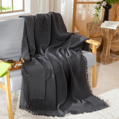 MooMee 100% Cotton Muslin Blanket Fringed 4-Layer Gauze Bed Throw, King - color: Dark Grey, size: King