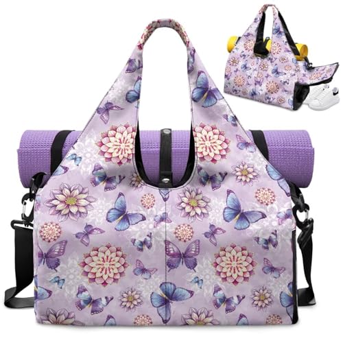 Yoga Gym Bag with Removable Adjustable Shoulder Strap, Shoe Compartment & Top Yoga Mat Holder 17.72x8.66x9.84in - color: Butterfly Mandala Floral Print
