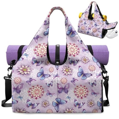 Yoga Gym Bag with Removable Adjustable Shoulder Strap, Shoe Compartment & Top Yoga Mat Holder 17.72x8.66x9.84in - color: Butterfly Mandala Floral Print