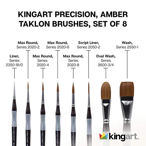 KINGART 1070C Premium 8 Pc. Precision Acrylic Artist Paint Brushes, Short Comfort Handle, Synthetic Taklon Hair for Acrylic, Oil, Watercolor and Gouache Paints, Set of 8