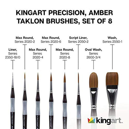 KINGART 1070C Premium 8 Pc. Precision Acrylic Artist Paint Brushes, Short Comfort Handle, Synthetic Taklon Hair for Acrylic, Oil, Watercolor and Gouache Paints, Set of 8