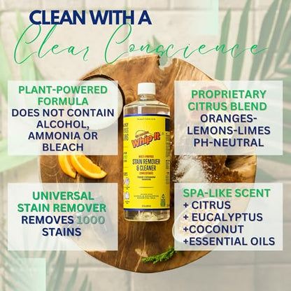 Whip It Cleaner, Multi Purpose Stain Remover CONCENTRATE, Makes 32 Bottles, Plant Based Enzyme Cleaner, Cleaning Food, Grease, Coffee, Wine, Baby Stains, pet stains, Over 500 uses, Made in USA, 32 OZ